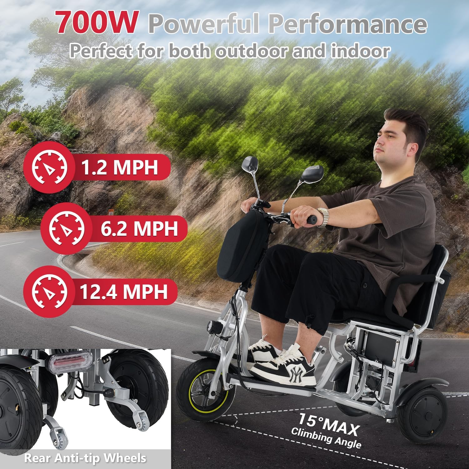 3-Wheel Folding Mobility Scooter Foldable Lightweight Electric Scooter for Adults & Seniors, Detachable Lithium Battery, Long Range 28 Miles, 3-Speed, with Turn Signal & Rearview Mirror (Silver)