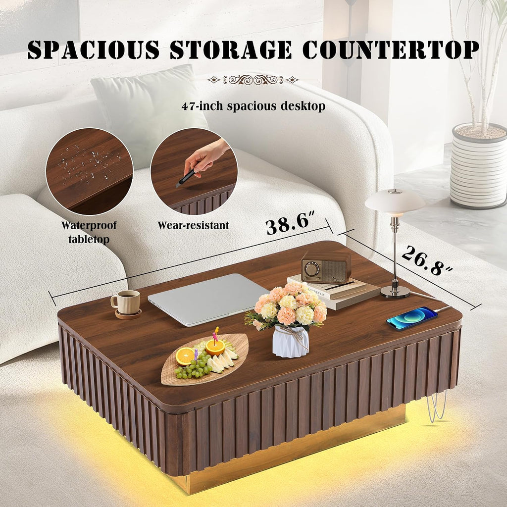 Grepatio Lift Top Coffee Table with Storage, 38' Fluted Coffee Table with RGB Led Lights, Wooden Center Tables with USB Power Outlet, Mid Century Table with Lifting Top for Living Room (Rectangle)