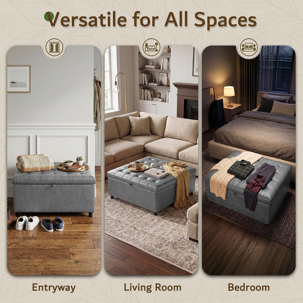 LINLUX Extra Large Leather Storage Ottoman, 35.5 Inch Large Square Lift Top Ottoman Coffee Table with Storage, Tufted Leather Ottoman Footrest Toy Box for Living Room，Bedroom