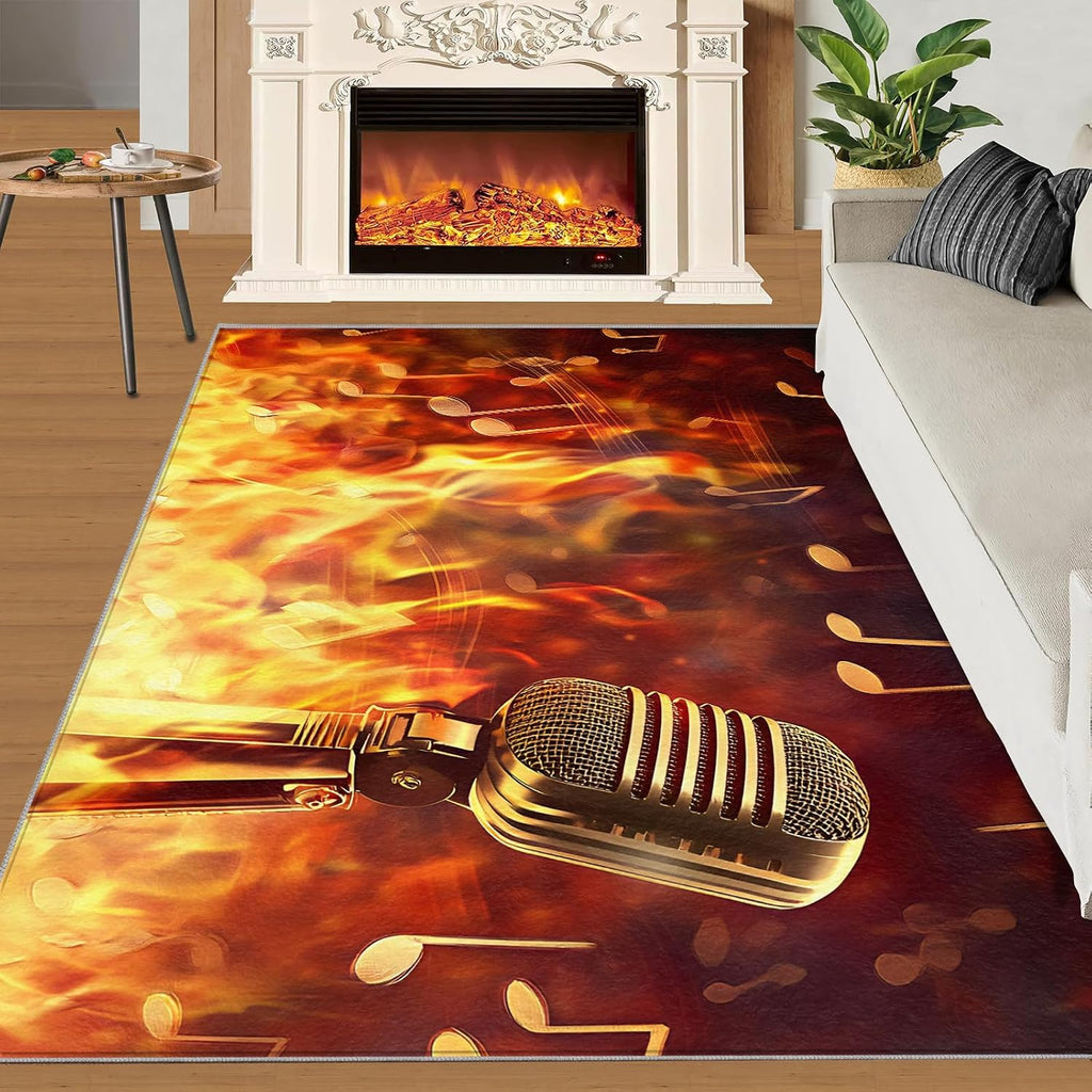 Microphone Rug Large - 5x7 Rug, Flame Area Rugs for Living Room, Passion Music Washable Carpet for Bedroom, Musical Note Rugs, Boys Room Carpet - Microphone Home Decor & Gift