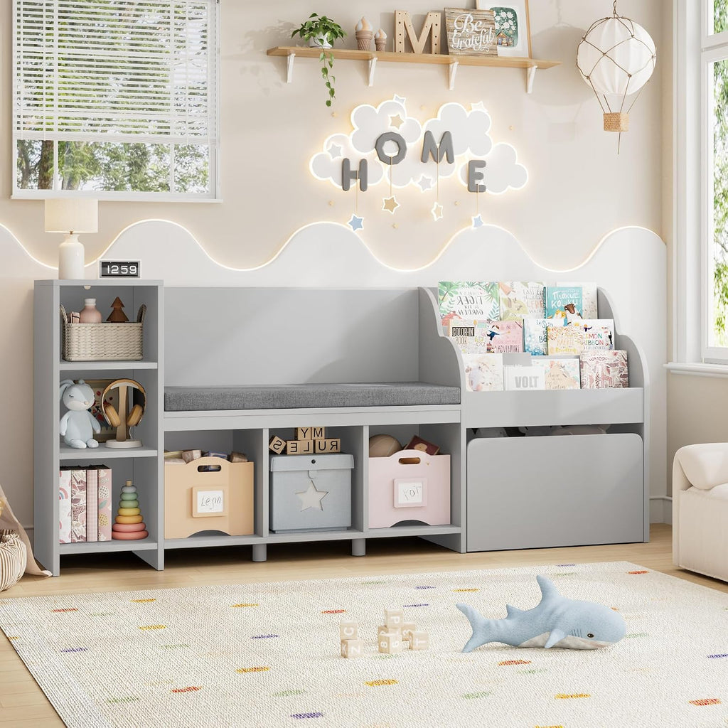HOSTACK 67' W Kids Reading Nook with Toy Storage Organizer, Large Kids Bookshelf with Toy Storage Box on Wheels, Big Kid Bookcase with Bench and 6 Open Cubbies for Playroom, Kid Room, Grey