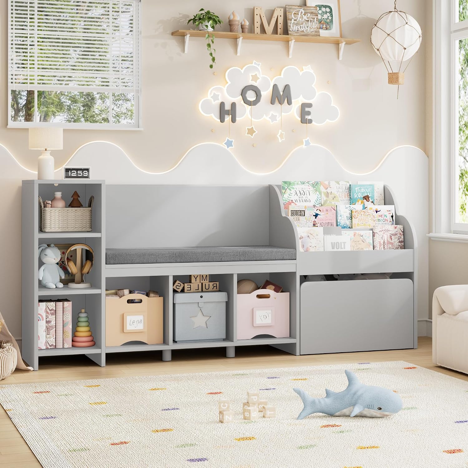 HOSTACK 67' W Kids Reading Nook with Toy Storage Organizer, Large Kids Bookshelf with Toy Storage Box on Wheels, Big Kid Bookcase with Bench and 6 Open Cubbies for Playroom, Kid Room, Grey