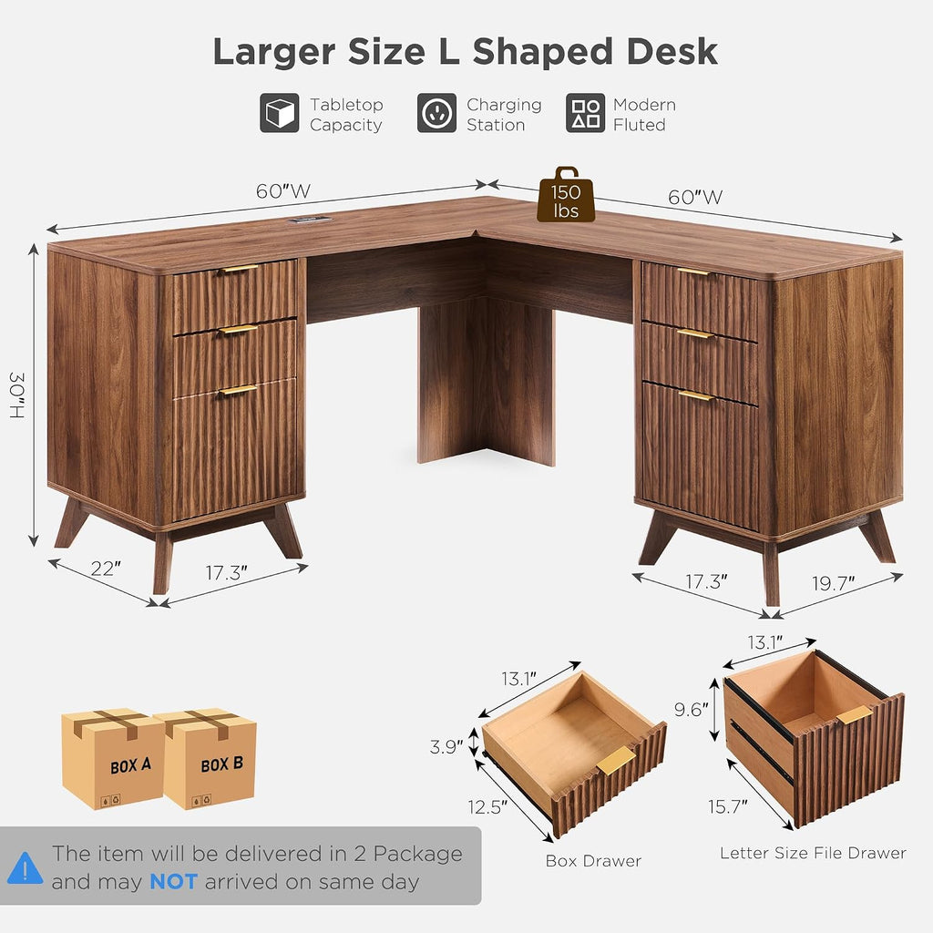 T4TREAM 60'' Fluted Executive L Shaped Desk, Modern Home Office Desk with Charging Station and File Drawer, Computer Corner Desks with Drawers & Storage Cabinet for Office Home, Bedroom, Light Walnut