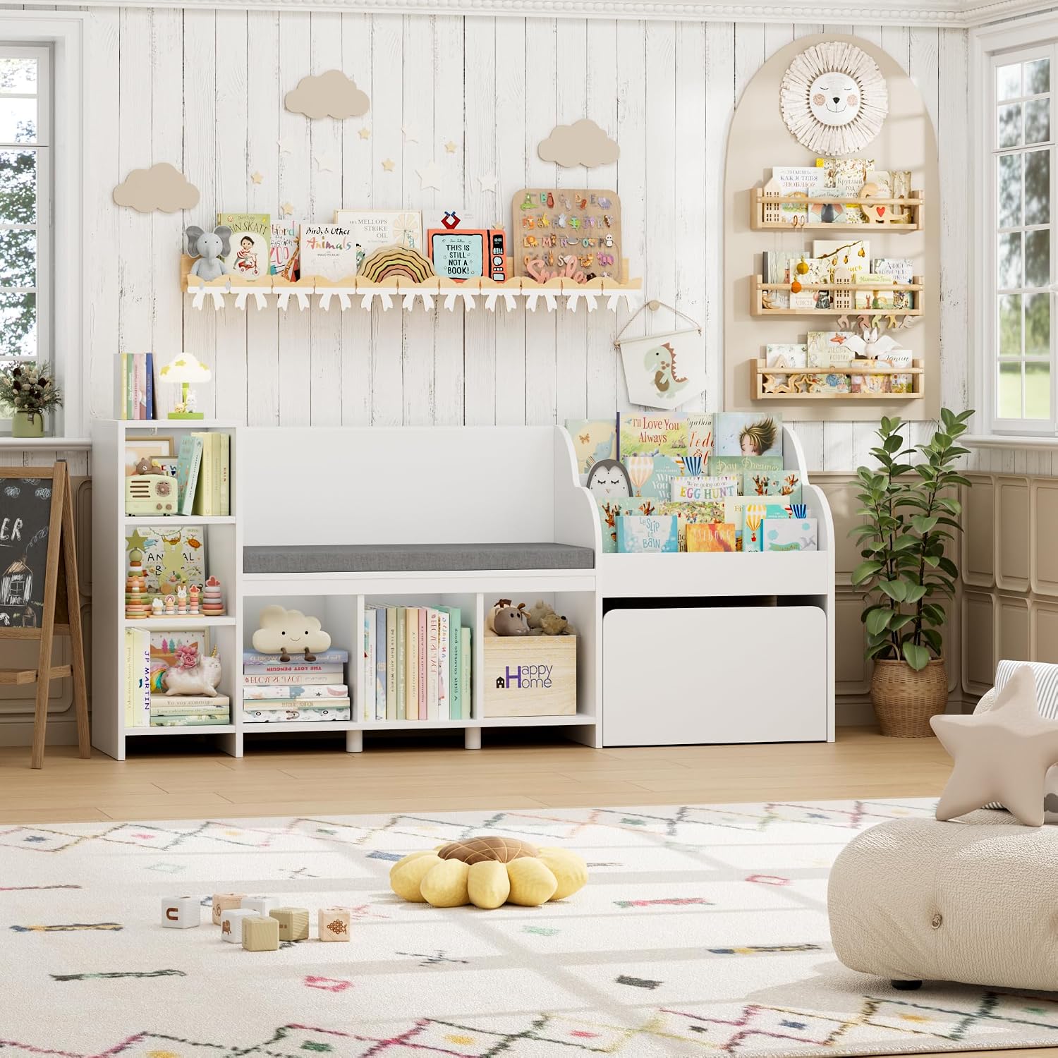 HOSTACK 67' W Kids Reading Nook with Toy Storage Organizer, Large Kids Bookshelf with Toy Storage Box on Wheels, Big Kid Bookcase with Bench and 6 Open Cubbies for Playroom, Kid Room, White