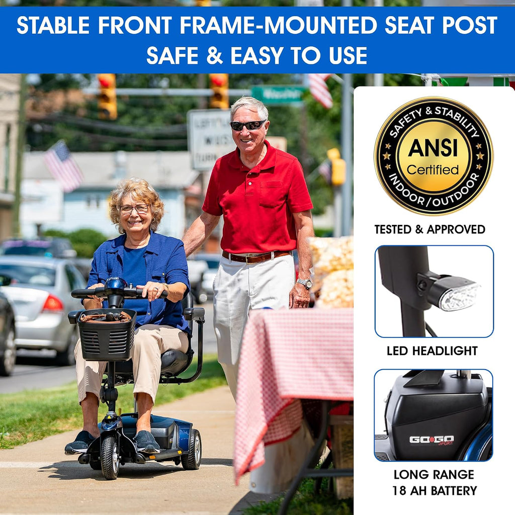 Go Go Sport 3 Wheel + Accessories Compatible with Pride Mobility Go Go Scooters, Adults & Elderly, Enhanced Stability and Comfort, Compact Design, Portable Scooter, 18 AH Battery, Warranty