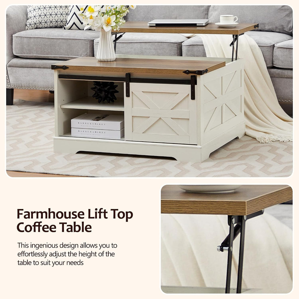 Farmhouse Lift Top Coffee Table, Wood Square Coffee Table with Sliding Barn Door and Adjustable Shelf Rustic Center Table with Hidden Storage Compartment for Living Room, Rustic White