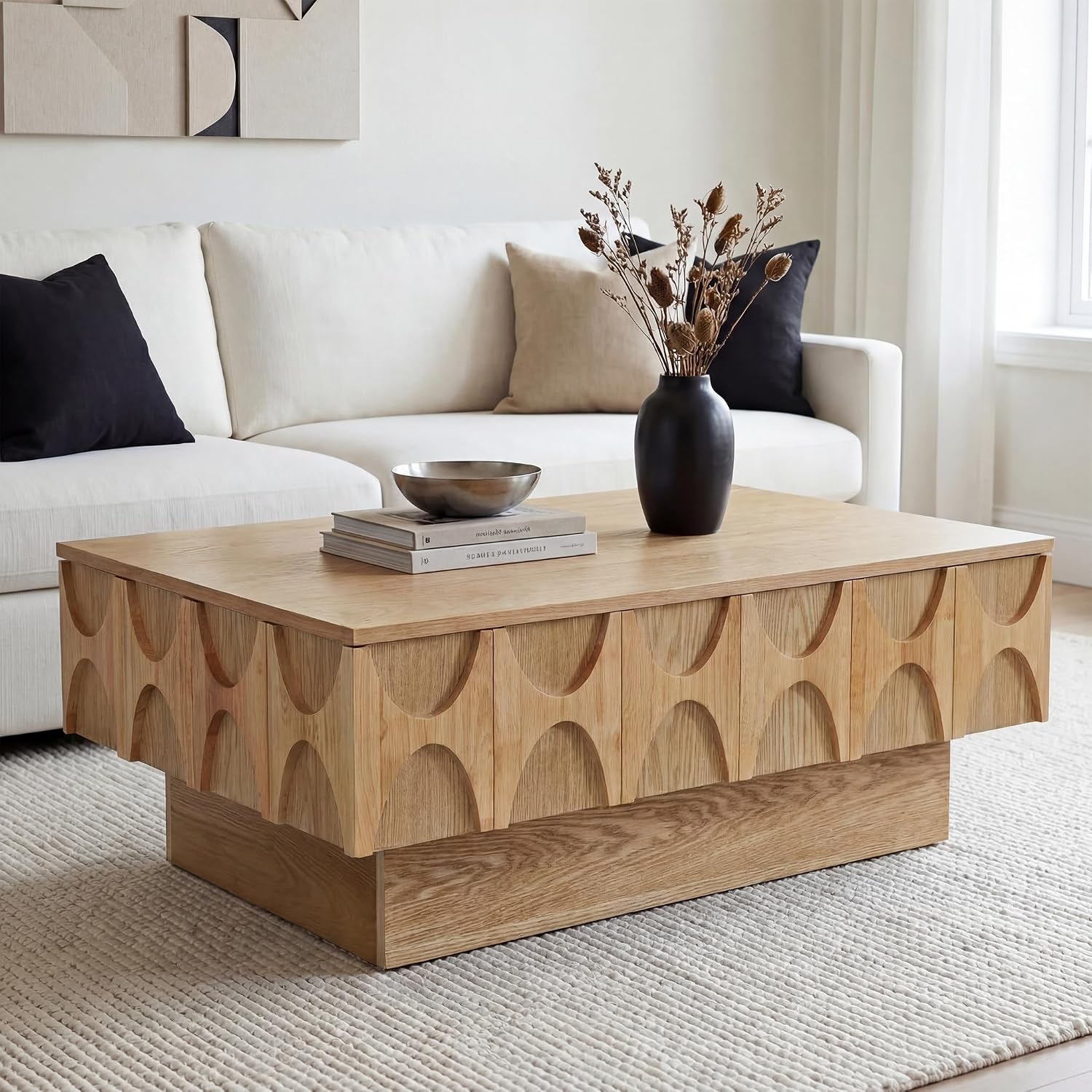 Solid Wood Veneer Coffee Table with Storage & Sliding Top, 38.6' Modern Mid Century Rectangle Center Table for Living Room, Home Office, Natural