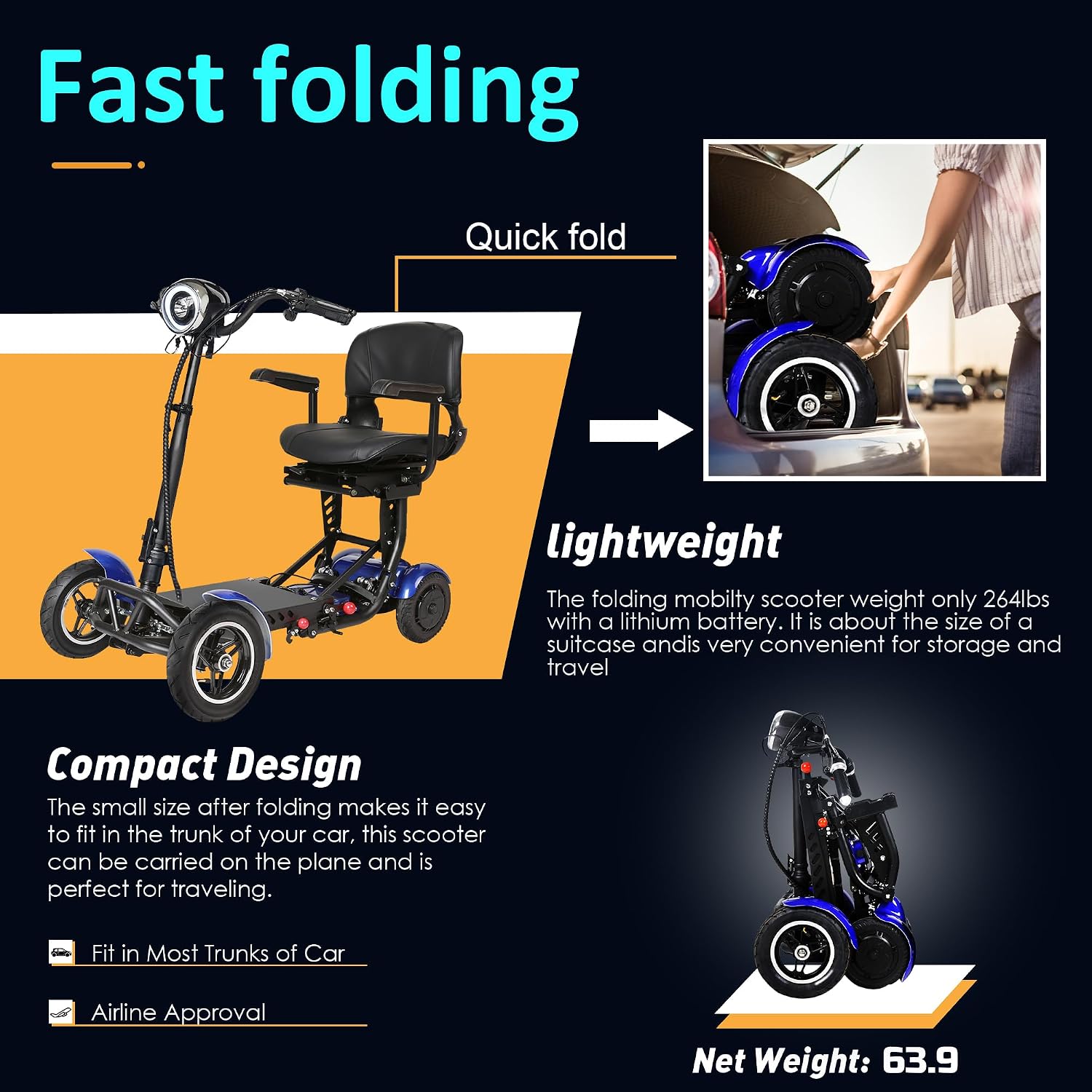Mobility Scooters for Seniors – 4 Wheel Foldable Portable Electric Scooter, Collapsible & Motorized, 500W Dual Motor, 30-Mile Range, 11 MPH, All-Terrain Folding Mobility Scooter Lightweight for Adults