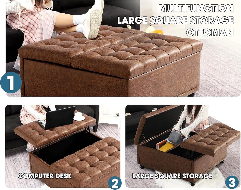 Grepatio Square Tufted Ottoman with Storage - 35.5' Large Lift-Top Storage Ottomans Upholstered Coffee Table for Living Room Bedroom (Brown)