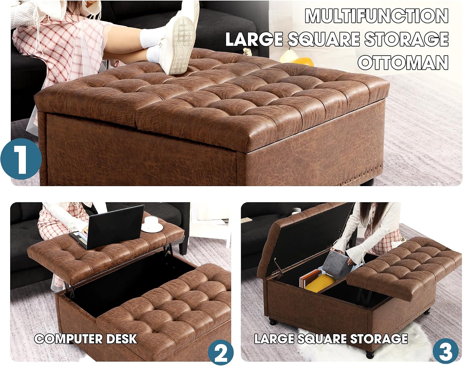Grepatio Square Tufted Ottoman with Storage - 35.5' Large Lift-Top Storage Ottomans Upholstered Coffee Table for Living Room Bedroom (Brown)