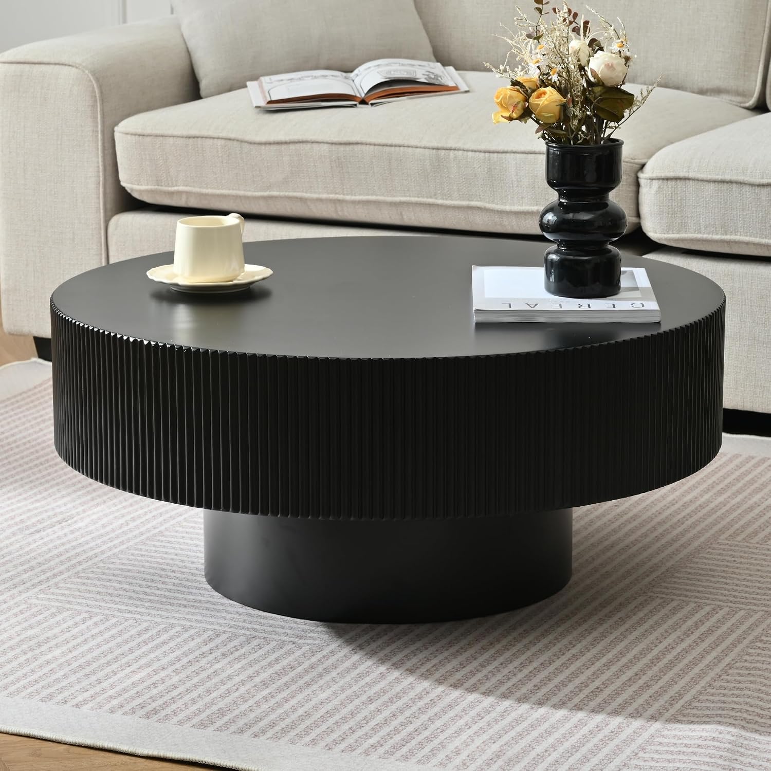 LUMISOL Round Coffee Table for Living Room, Modern Drum Center Table with Thick Tabletop, Wave Design, Fluted Circle Cocktail Table with Sturdy Base, 31.5' W*13.7' H, Black
