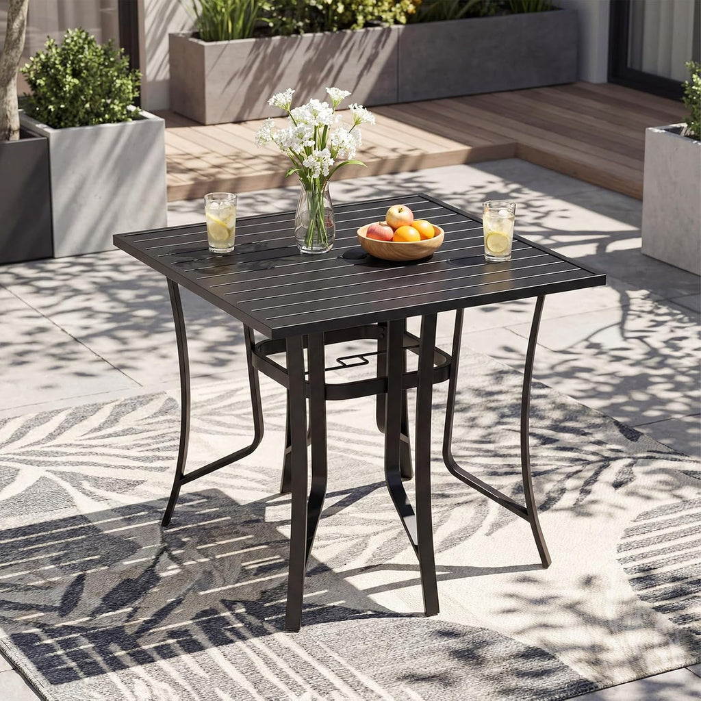 Tangkula 37' Metal Patio Dining Table for 4, Square Heavy Duty Outdoor Dining Table with Umbrella Hole, 4-Person Outside Dining Furniture for Porch, Garden, Balcony and Backyard