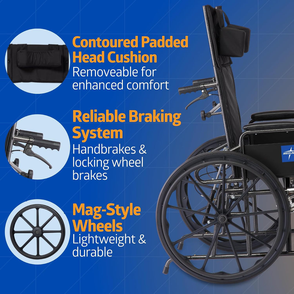 Medline Reclining Wheelchair, 18', with Elevating Leg Rests, Durable Vinyl, 300 lb. Weight Limit, Reclines 90 to 140 Degrees