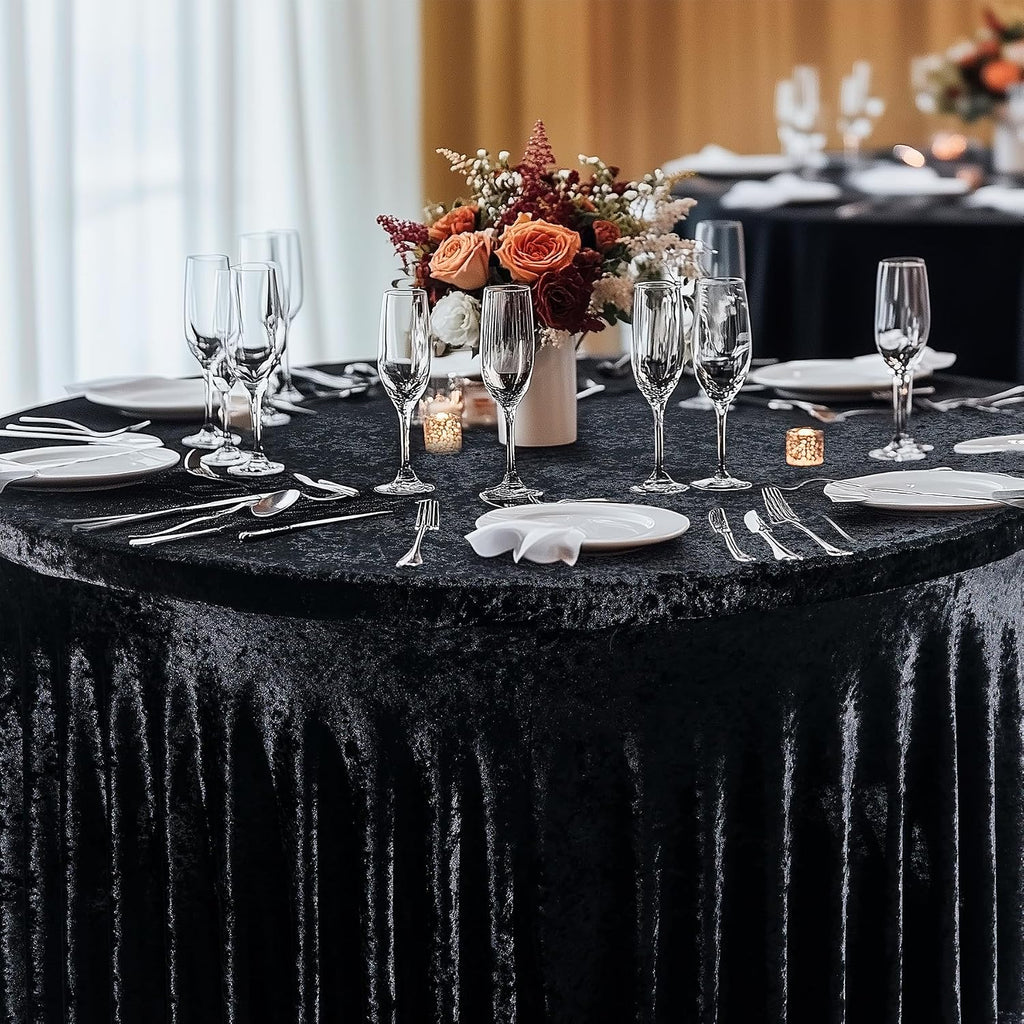 Outpain 6Pack 60 Inch Round Velvet Tablecloths - 120 Inch Stretch Spandex Table Cover with Floor-Length Skirt, Wrinkle-Free Luxury Elastic Table Cloths for Weddings,Banquets,Events (Black)