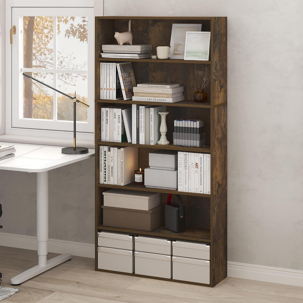 Furinno PASIR Book Shelf, 6-Tier Bookshelf with Open Storage Shelf, Standing Bookcase, 9.4 x 31.5 x 63, Easy Assembly, for Home Office, Bedroom, Living Room, Amber Pine