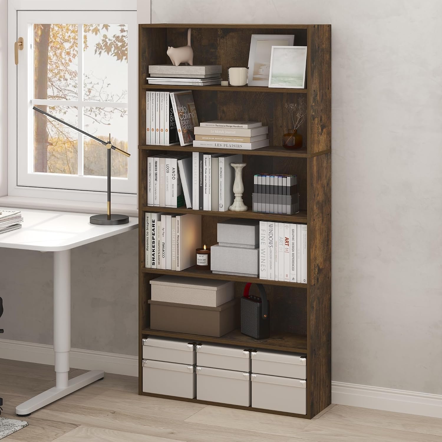 Furinno PASIR Book Shelf, 6-Tier Bookshelf with Open Storage Shelf, Standing Bookcase, 9.4 x 31.5 x 63, Easy Assembly, for Home Office, Bedroom, Living Room, Amber Pine