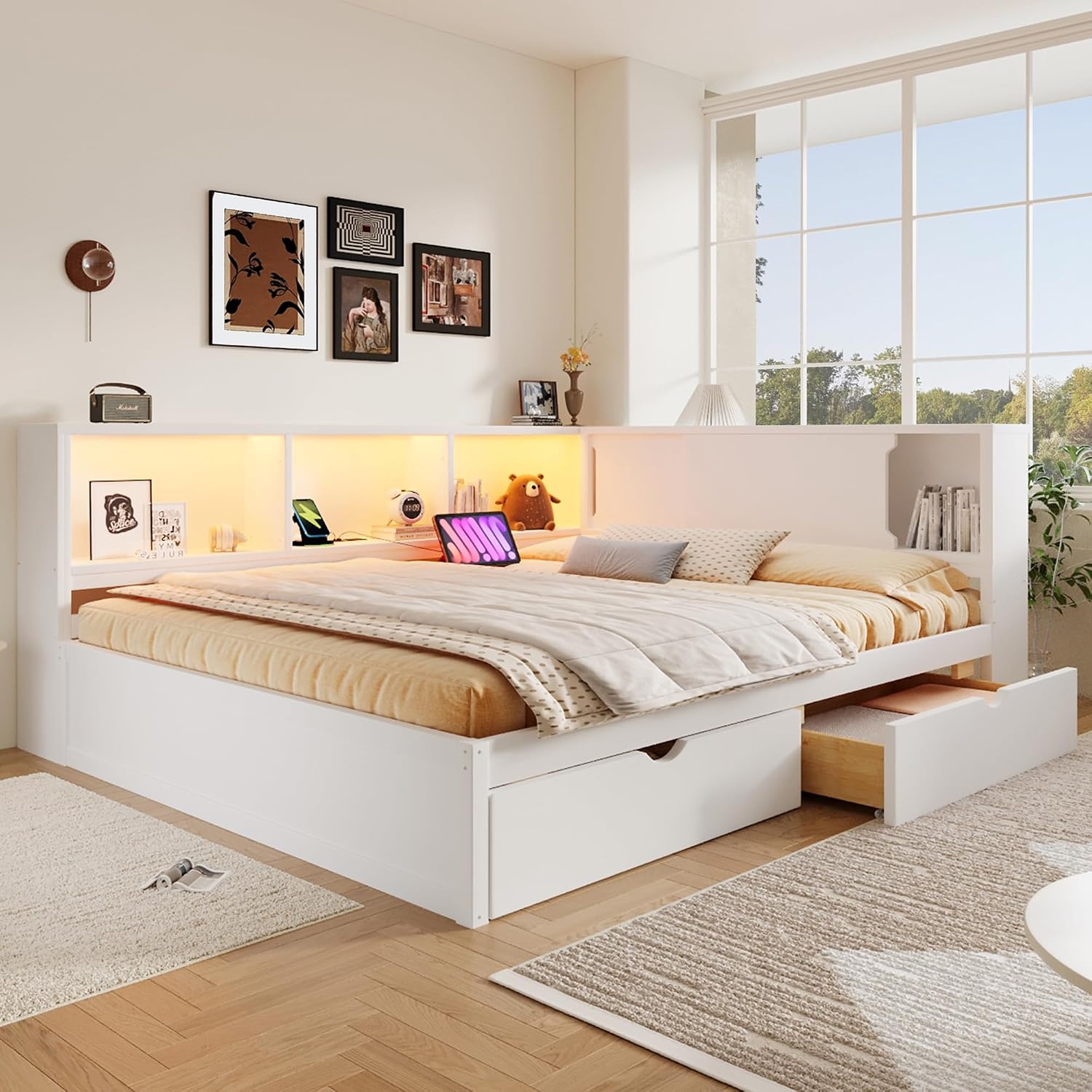 SOFTSEA Queen Size Daybed with LED Lights and 2 Drawers, L-Shaped Corner Bed Frame with Bookcase and Storage Shelves, White