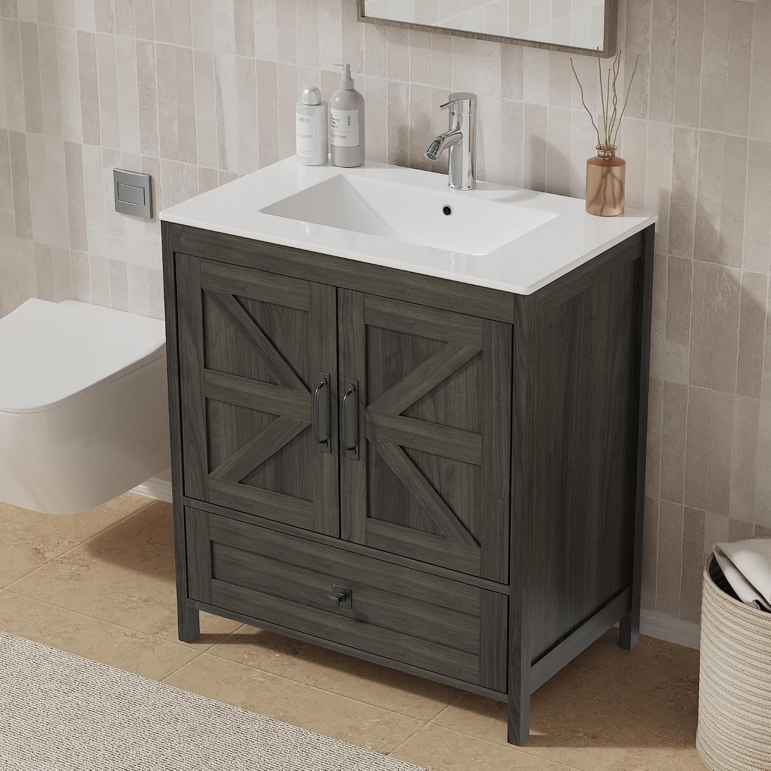 KIGOTY 30 Inch Farmhouse Vanity for Bathroom with Ceramic Sink, Vanity Sink Cabinet with Faucet, Wooden Sink Vanity, Freestanding Bathroom Sink and Cabinet, Bathroom Furniture Set