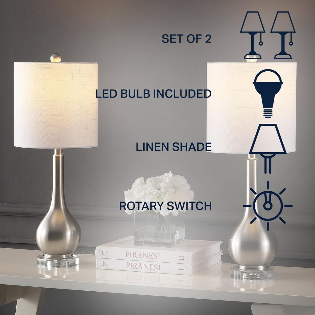 JONATHAN Y 25' Nickel Metal and Crystal Teardrop LED Table Lamp for Bedroom Living Room Bedside Nightstand, White Linen Drum Shade, LED Bulb Included, Set of 2 (JYL5010B-SET2)