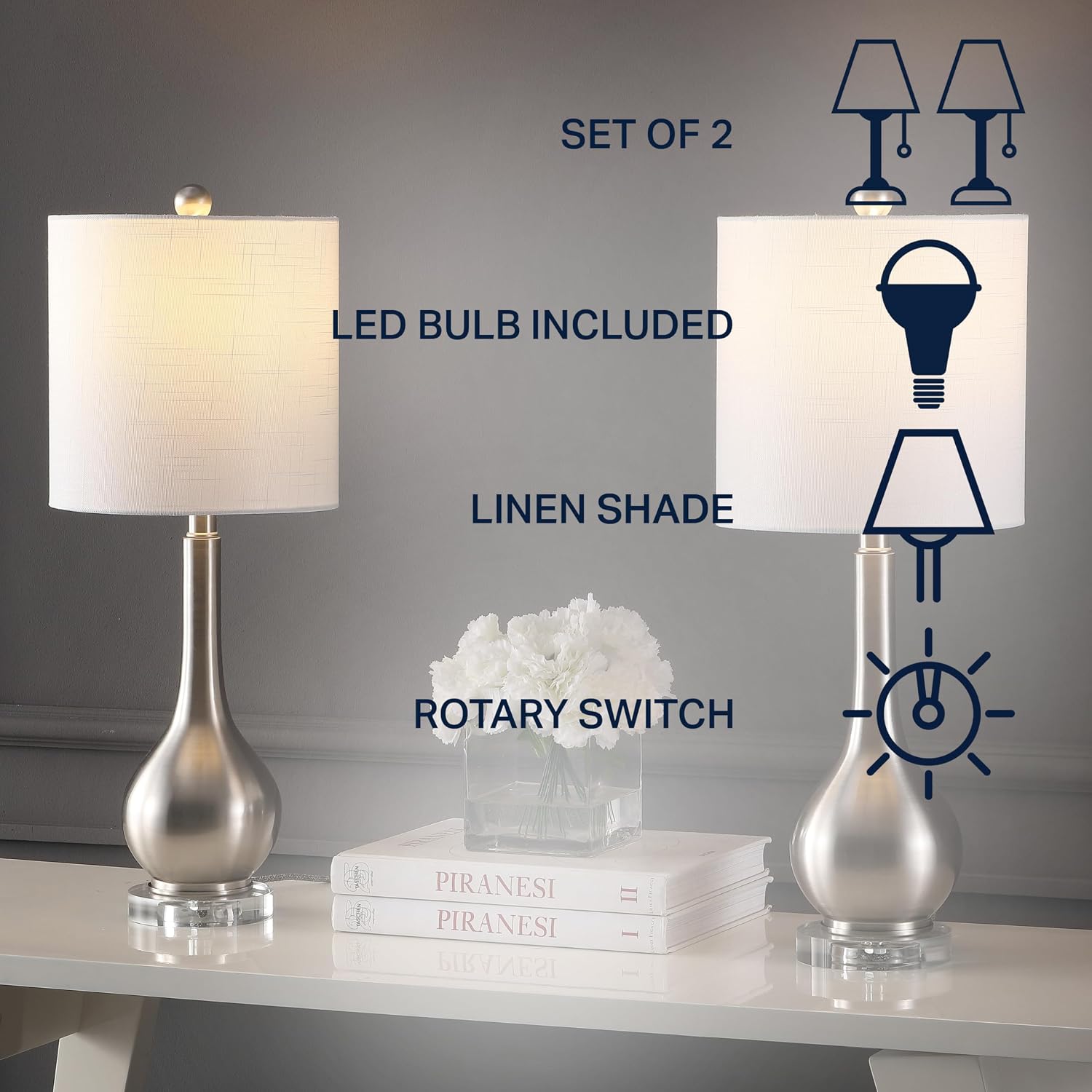 JONATHAN Y 25' Nickel Metal and Crystal Teardrop LED Table Lamp for Bedroom Living Room Bedside Nightstand, White Linen Drum Shade, LED Bulb Included, Set of 2 (JYL5010B-SET2)