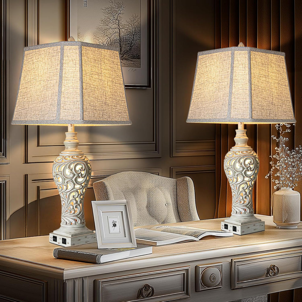 LuxSight Collection 32' Tall Table Lamps Set of 2 - Bedside Lamp with Fabric Shades - for Bedroom and Living Room with USB and Nightlight - Perfect for Nightstands and Bedrooms - Bulbs Included
