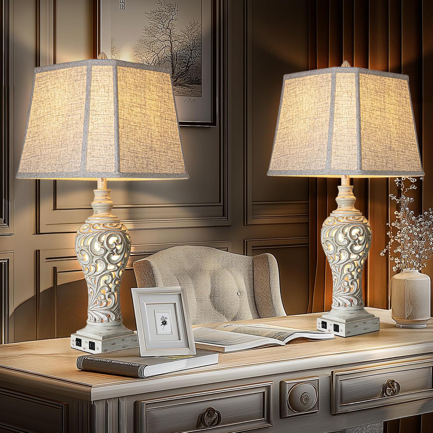LuxSight Collection 32' Tall Table Lamps Set of 2 - Bedside Lamp with Fabric Shades - for Bedroom and Living Room with USB and Nightlight - Perfect for Nightstands and Bedrooms - Bulbs Included