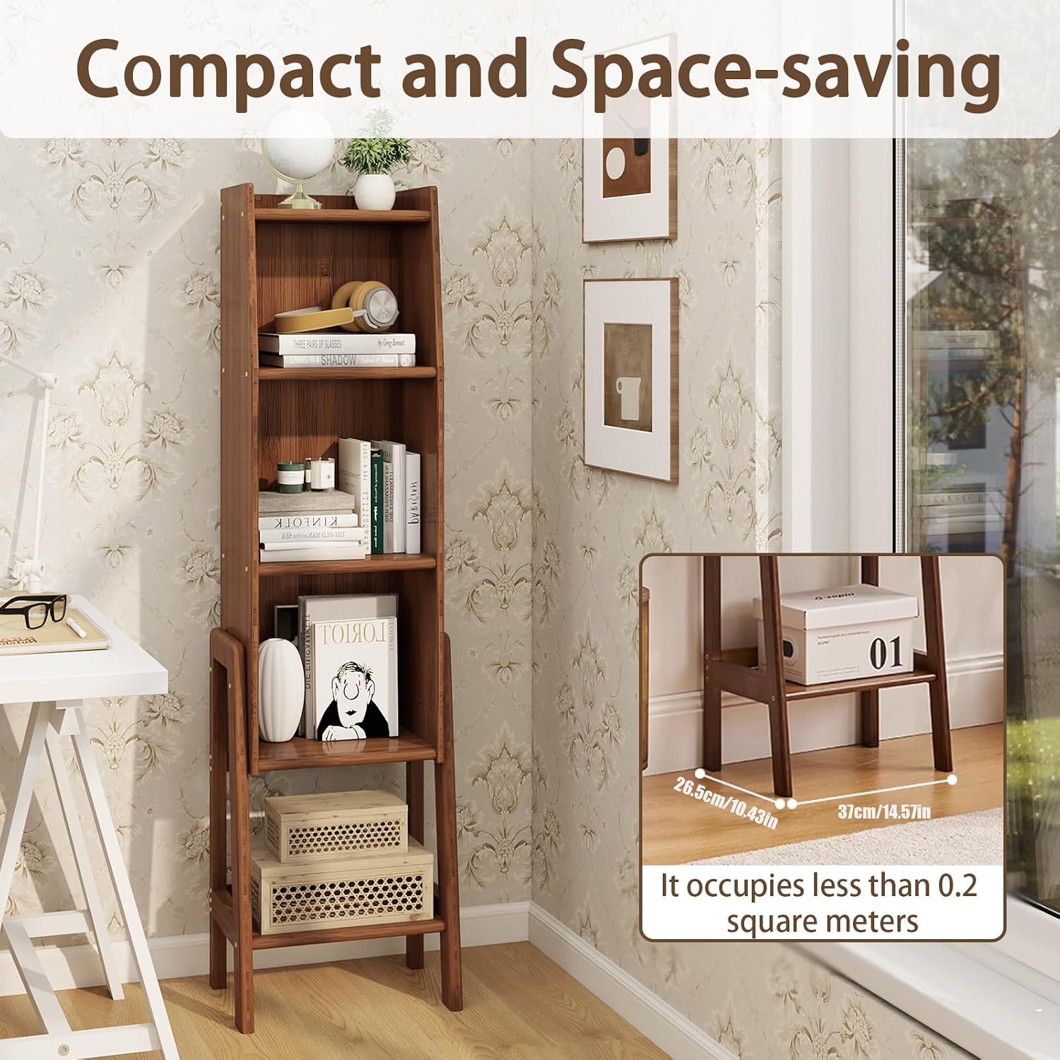 5 Tier Mid Century Bookcase,Open Floor Standing Storage Bookshelf,Modern Organizer Narrow Bookcase,Free Standing Organizer Shelves for Study Living Room Kitchen Office Bedroom Balcony(Brown)