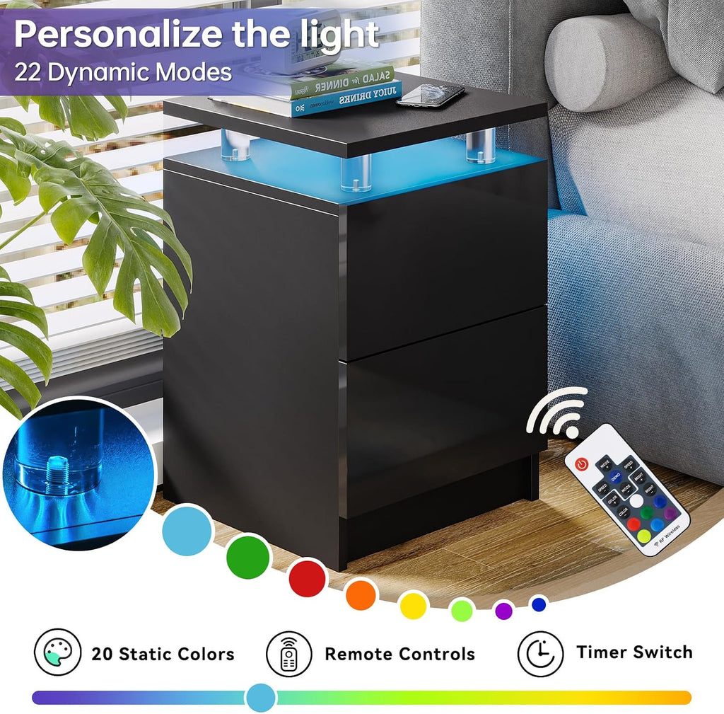 4-Piece Modern Living Room Table Set, Includes High Gloss 70' Fireplace TV Stand, 39' LED Coffee Table and 15' End Tables Set of 2 with Storage Drawers, Black