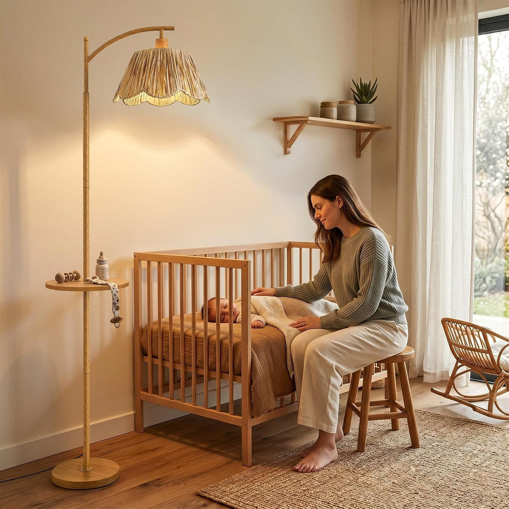 Oneach 63.5' Floor Lamp with Table for Living Room, Boho Rattan Standing Lamps with Foot Switch, Farmhouse Floor Lamp for Bedroom, Arc Tall Lamp with Metal Base&Pole, Bulb not Included, Woodgrain