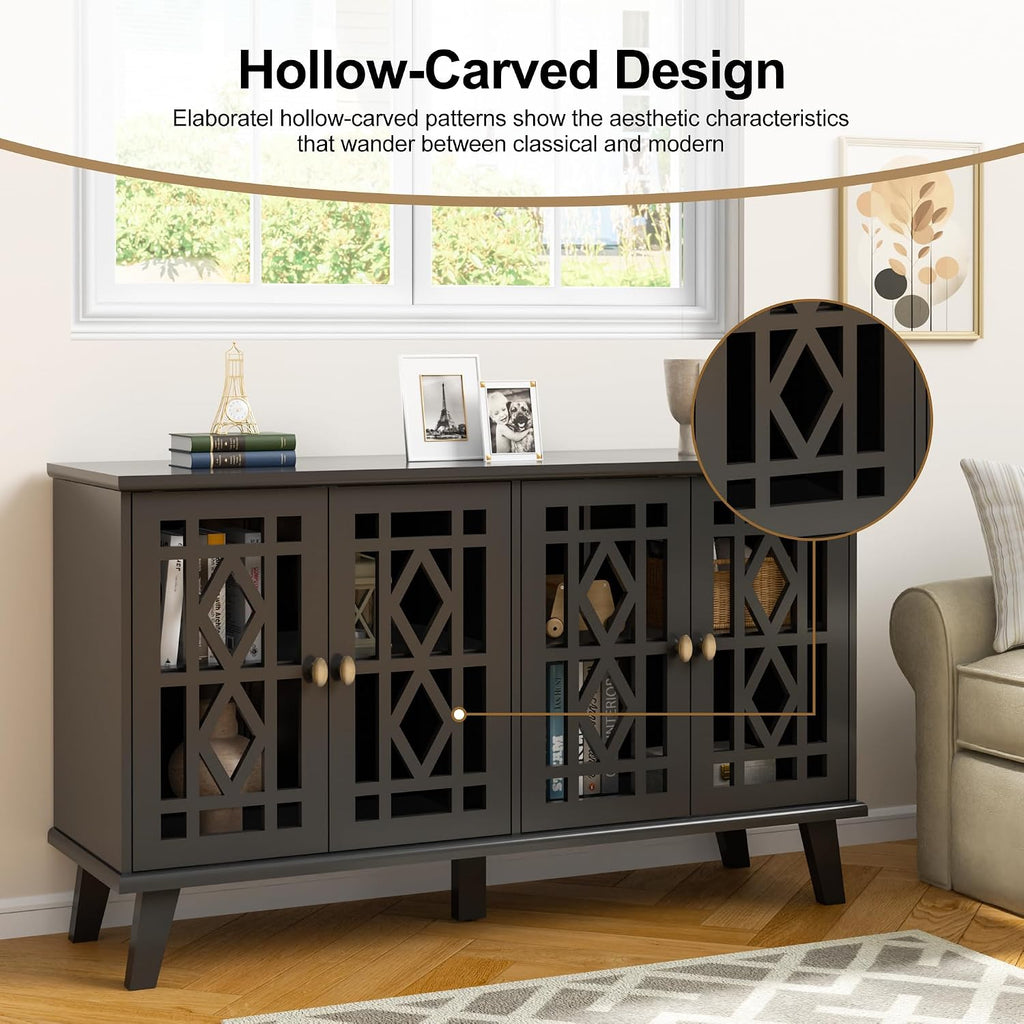 Scurrty 52' Buffet Cabinet with Storage,Sideboard with 4 Doors, Skeletonized Coffee Bar with Storage, Sideboard Cabinet for Dinning Room, Kitchen & Living Room (Black)