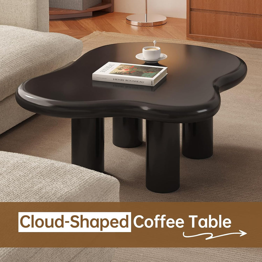 35.43' Cloud Shape Coffee Table, Modern Round Edge Black Coffee Table with 4 Sturdy Support Legs and 2.28' Thick Tabletop for Living Room, Bedroom