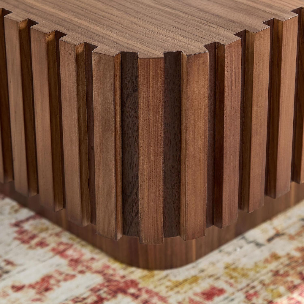 KEIKI 32' Handcraft Drum Square Wooden Coffee Table with Sturdy MDF Pedestal, Modern Style Solid Wood Relief Coffee Table, Easy Assembly, for Living Room, Bedroom, Reception Room, Walnut