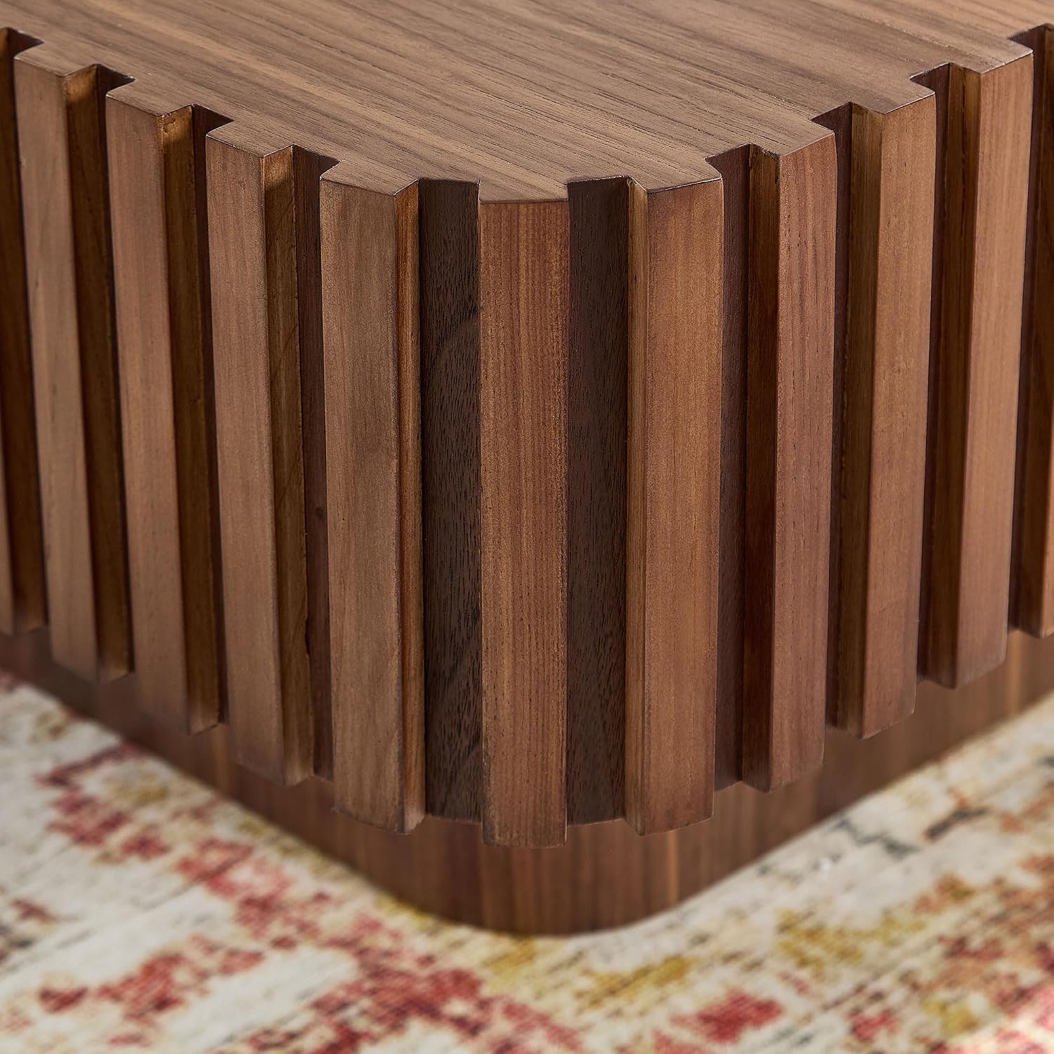 Coffee Table, 35.43' Square Coffee Table Modern Handcraft Fluted Table Accent Wood Center Table for Living Room Apartment, Easy Assembly, Walnut