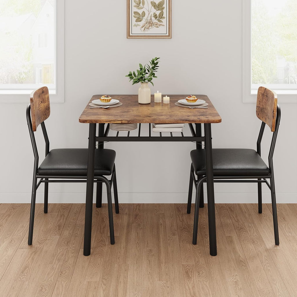 GarveeHome Dining Table for 2 with Storage Rack, Small Kitchen Table for 2 with Metal Frame, Square Table with Upholstered Chairs Set of 2, 3-Piece Dining Room Set for Small Space, Apartment, Brown