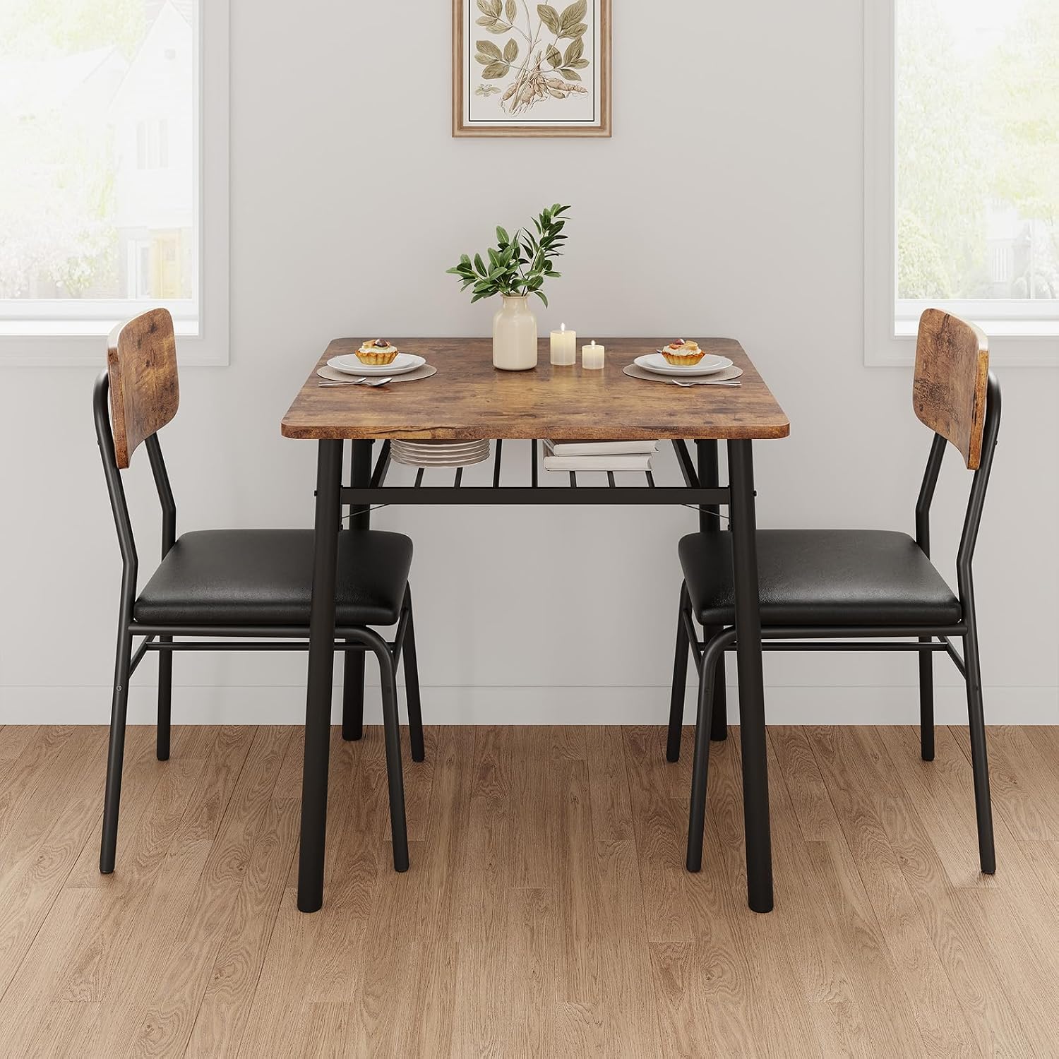 GarveeHome Dining Table for 2 with Storage Rack, Small Kitchen Table for 2 with Metal Frame, Square Table with Upholstered Chairs Set of 2, 3-Piece Dining Room Set for Small Space, Apartment, Brown