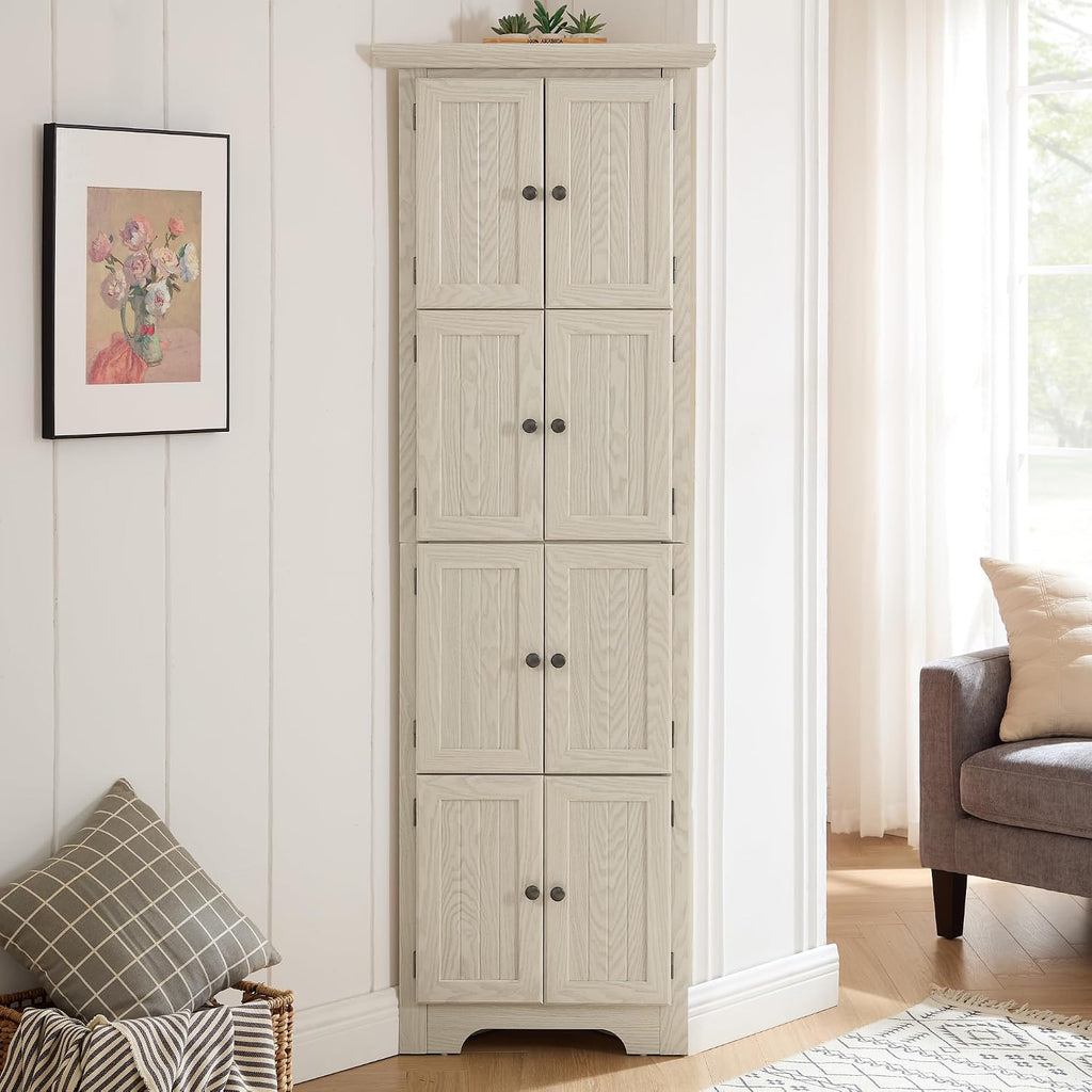 Tall Corner Bookcase Storage Cabinet with Doors and 4 Shelves, Freestanding Triangle Cabinet for Living Room, Kitchen, Office, Small Space, Floor Corner Storage Rack (White)