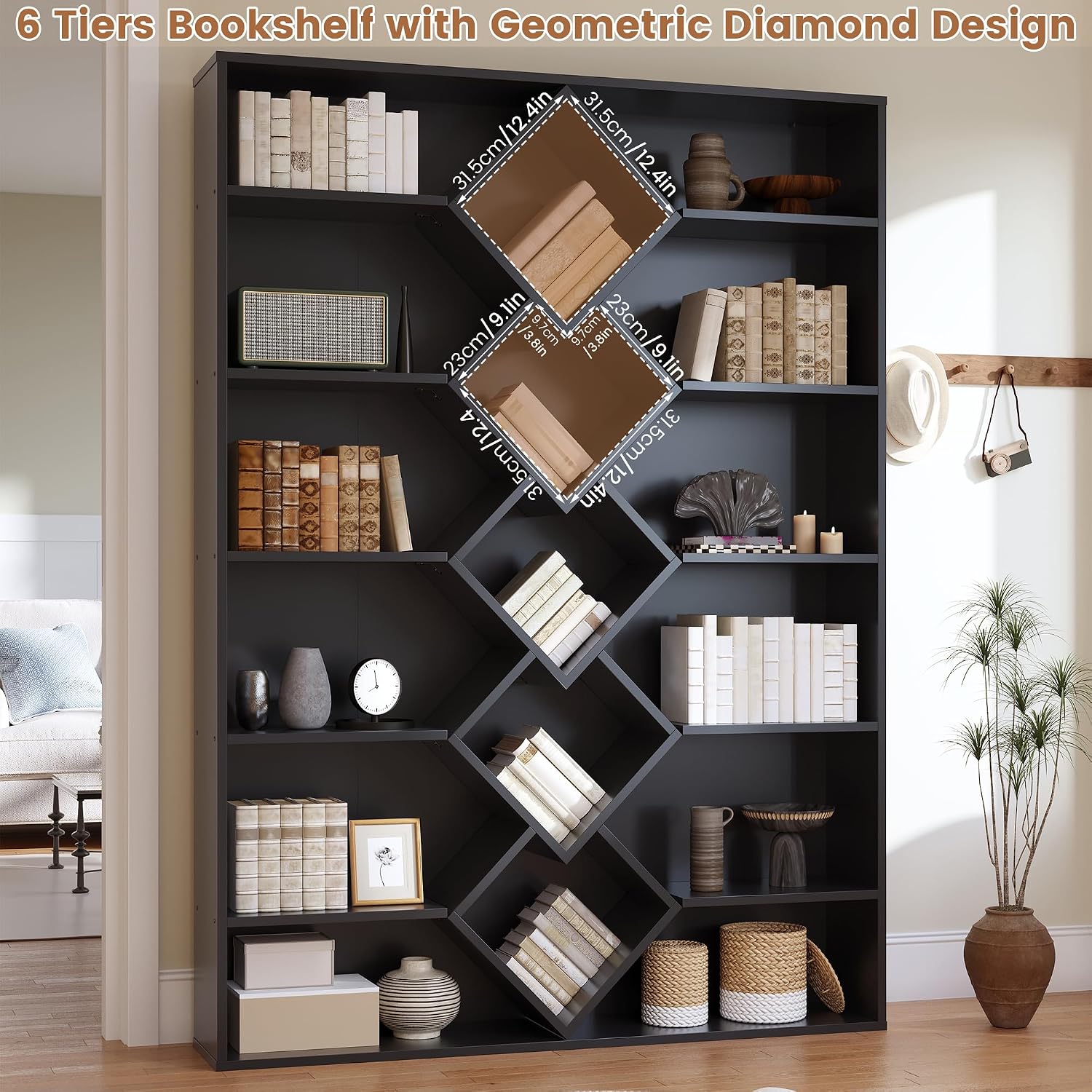 Winkalon 71' Triple Wide Bookshelf, 6-Tier Bookcase with Diamond Accent Compartments, Space-Saving Storage Cabinet for with 17 Open Display Shelves for Living Room, Bedroom, Home Office (Black)