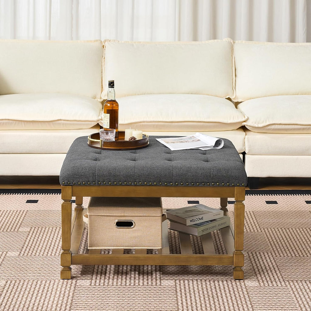 Befurtori Large Square Ottoman Coffee Table, Linen Solid Upholstered Footrest Ottoman with Solid Wood Shelf Storage Tufted Coffee Table for Bedroom Living Room-Dark Gray