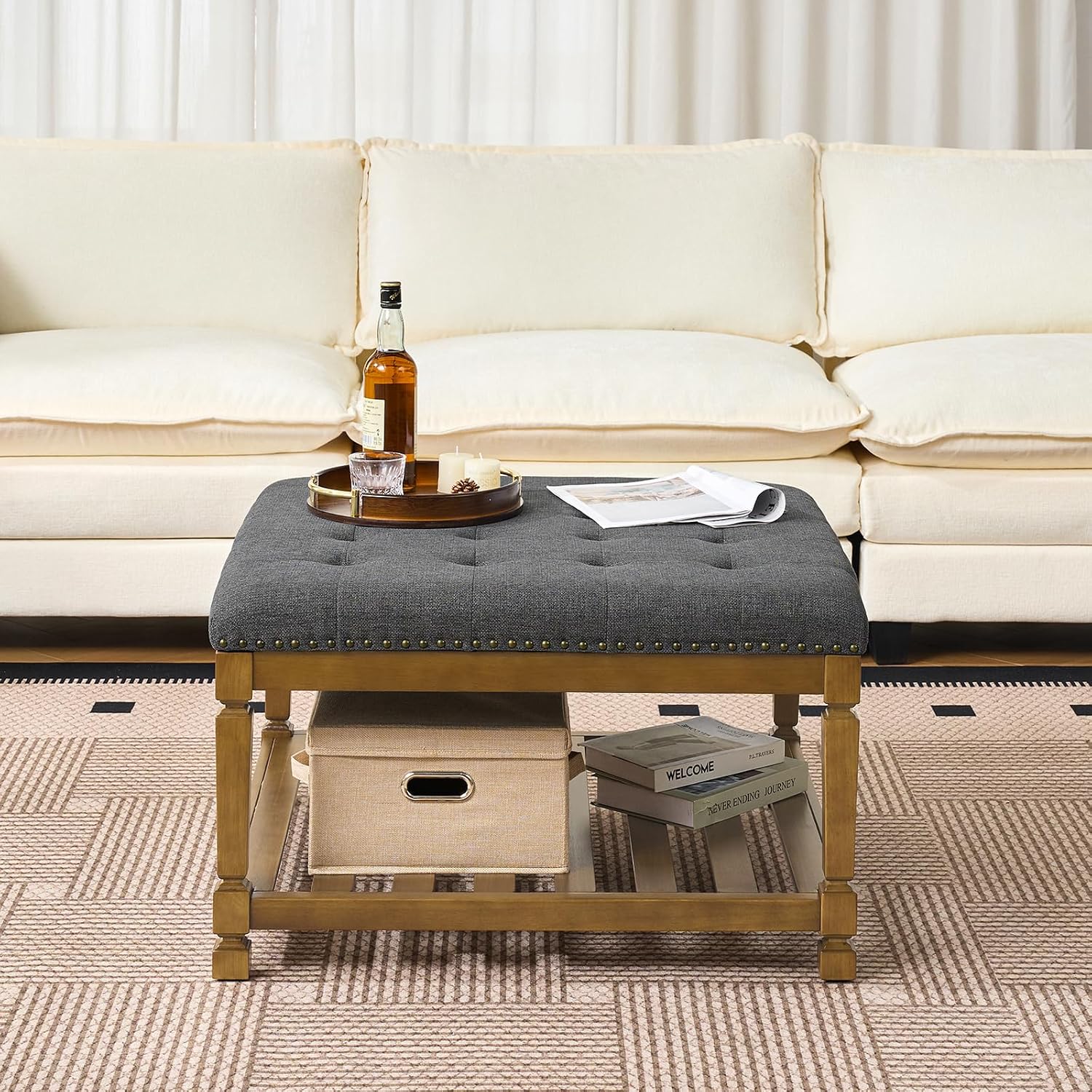 Befurtori Large Square Ottoman Coffee Table, Linen Solid Upholstered Footrest Ottoman with Solid Wood Shelf Storage Tufted Coffee Table for Bedroom Living Room-Dark Gray