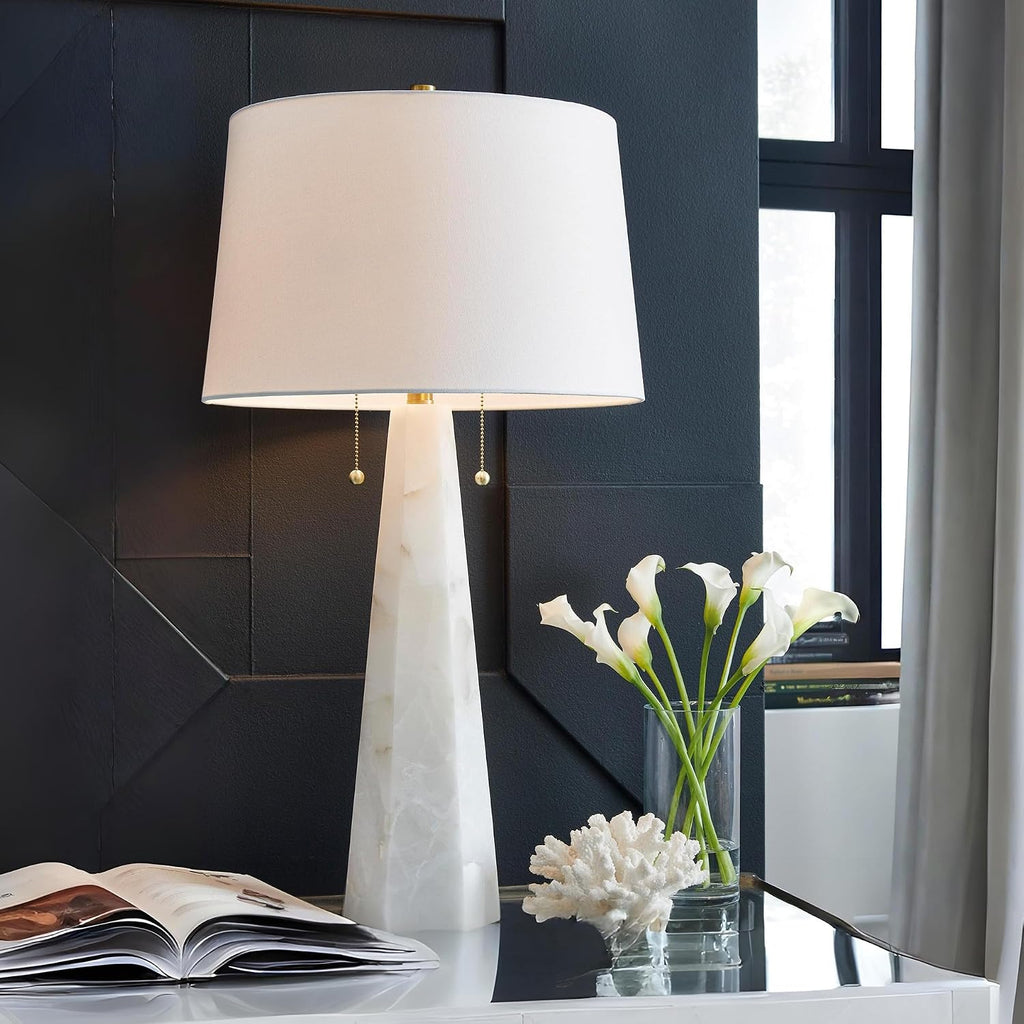 Signature Design by Ashley Laurellen Contemporary Table Lamp with 2 Sockets and Pull Chain Switch, Fabric Shade, Resin and Alabaster, 23.25' High, White