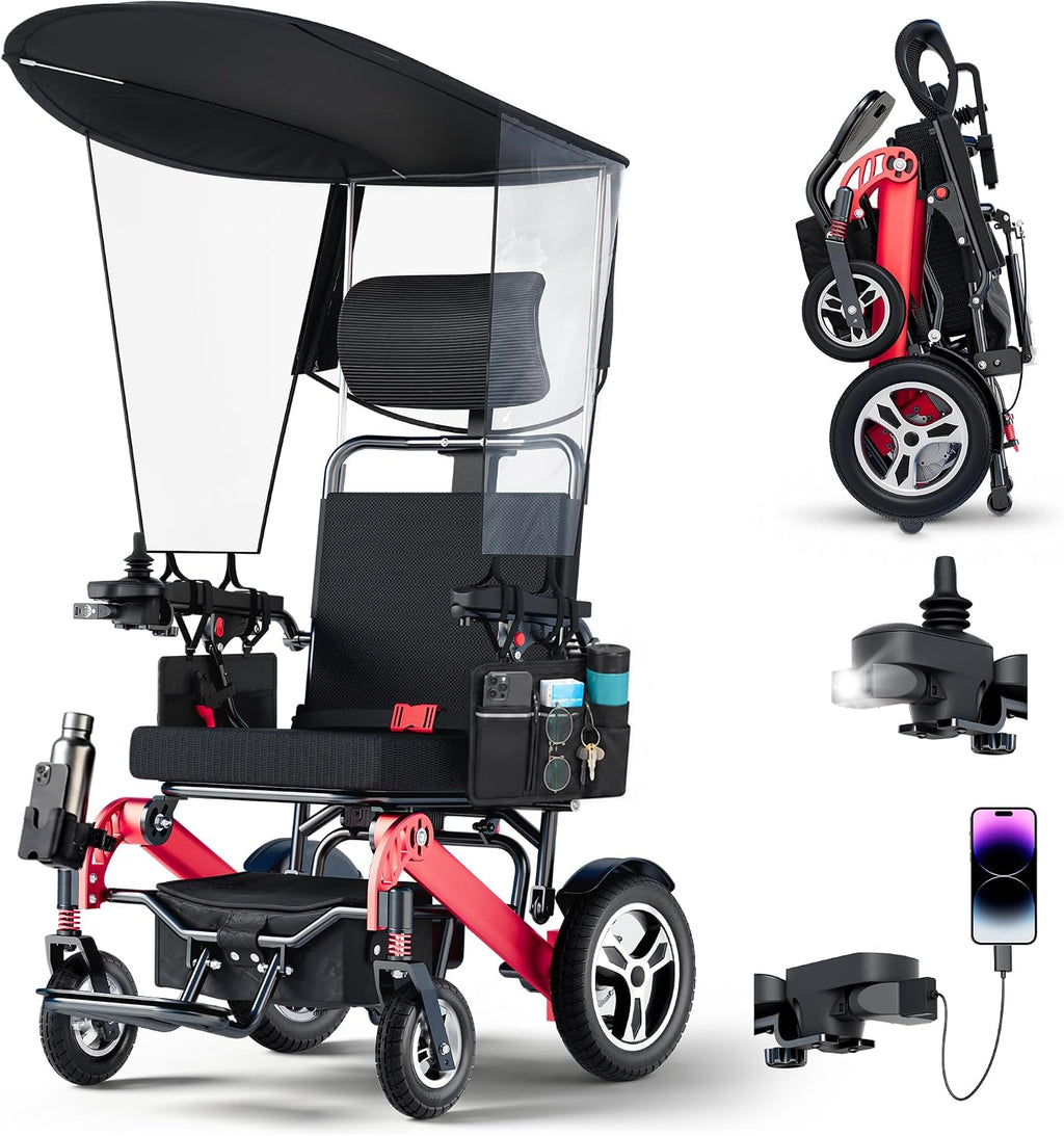 Foldable Lightweight Electric Wheelchairs for Adults, Portable Power Motorized Wheelchair with Detachable Canopy, 40 Miles Range, 600W Brushless Motors, Reclining Backrest, Led Light, 400 lbs Capacity