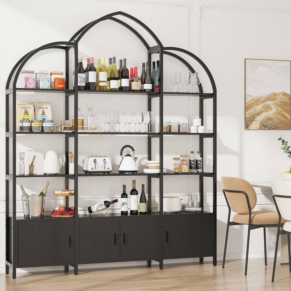 85.8' Tall Arched Bookshelf with Door, 5-Tier Etagere Bookcase with Storage Cabinet Shelf, Triple Wide Industrial Bookshelf, Free Standing Display Shelf for Living Room Home Office, Black