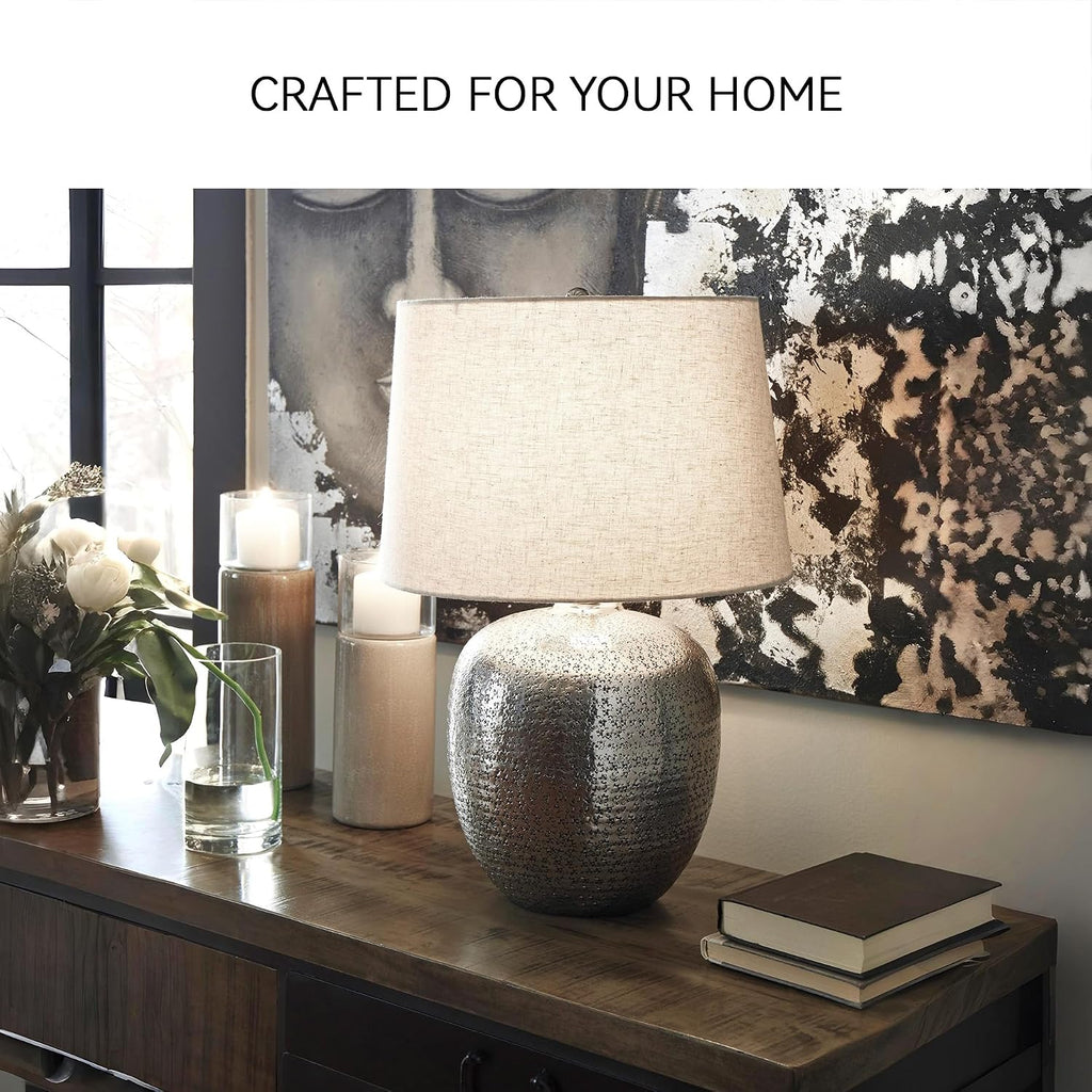 Signature Design by Ashley Magalie Contemporary UL Listed Table Lamp with Modified Drum Shade, 3-Way Switch, Hammered Aluminum, 23.13' High, Antique Silver