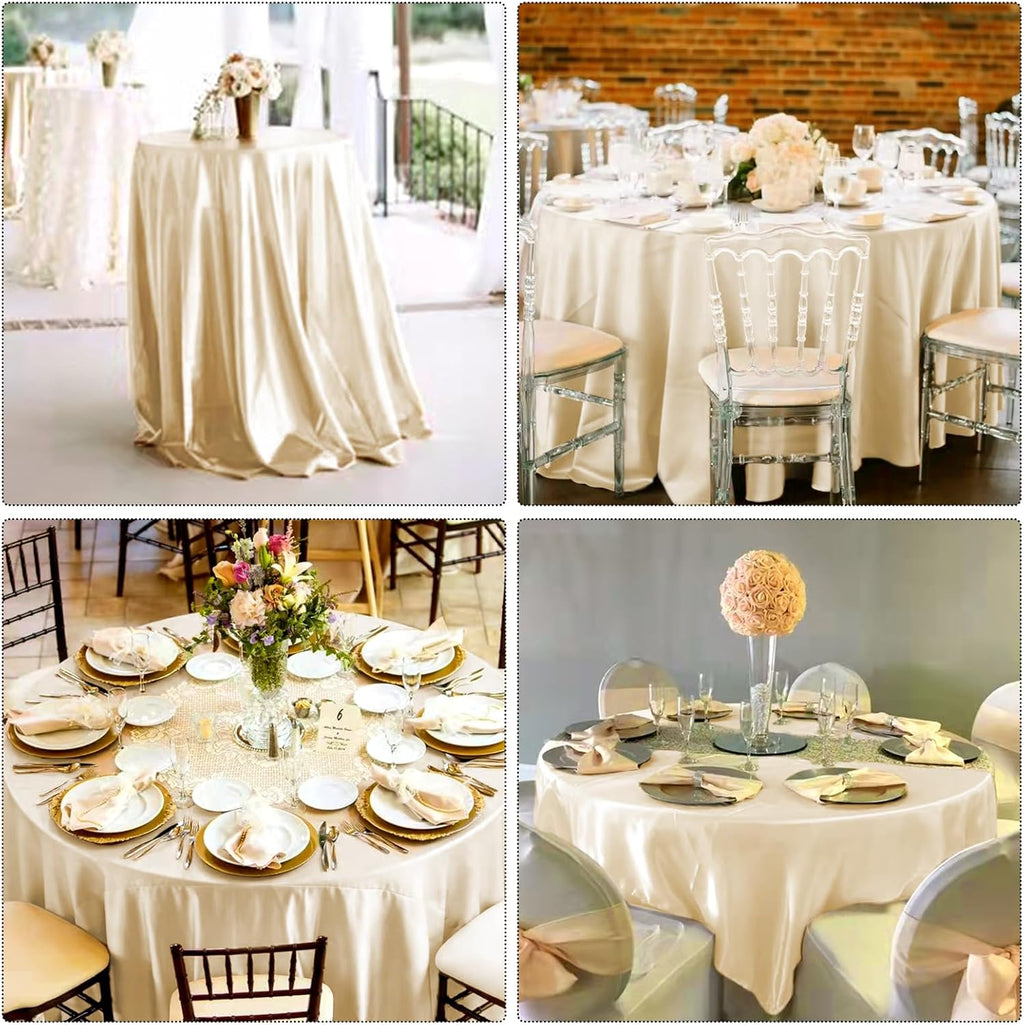 fani 12 Pack 120 Inch Champagne Satin Tablecloth - Premium Bright Silky Round Tablecloth Overlay Smooth Fabric Table Cover, Table Decoration for Wedding Party Banquet Events Restaurant Kitchen Dining