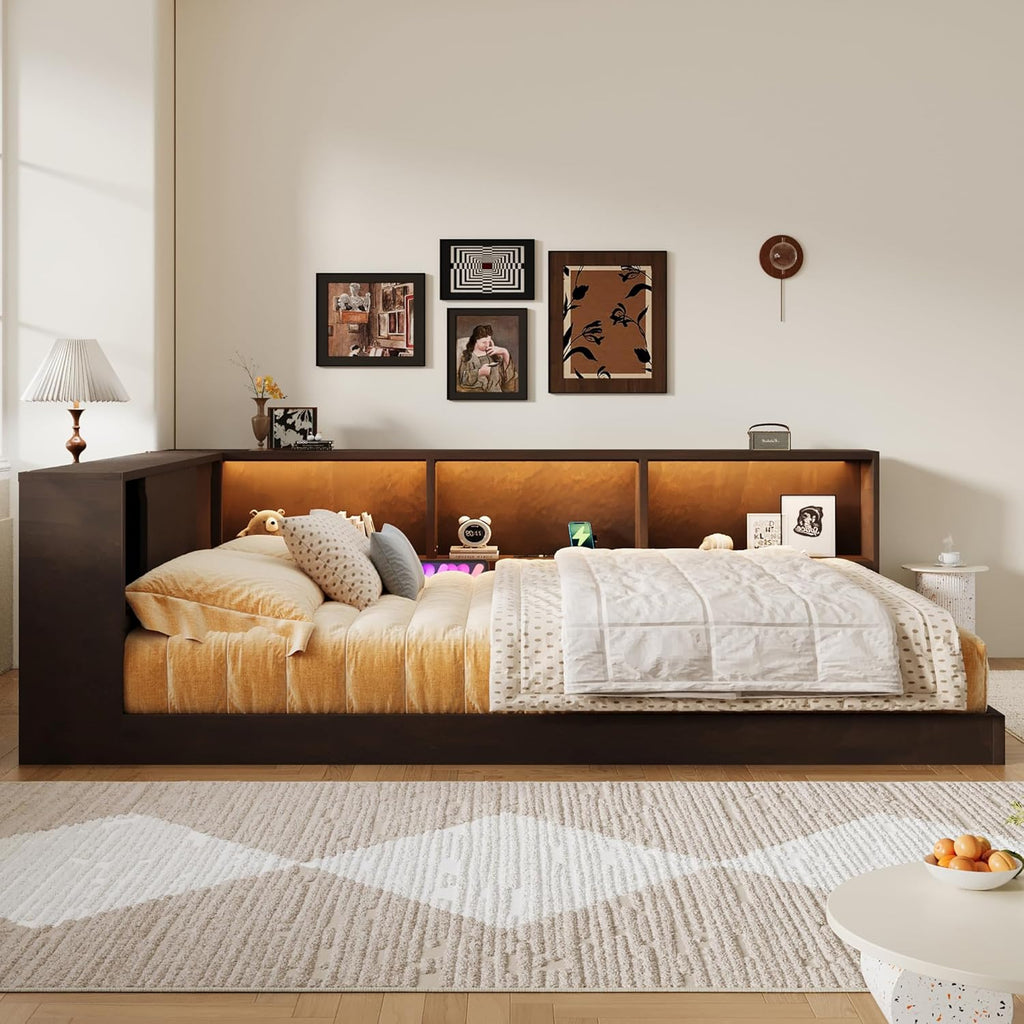 MERITLINE Queen Size Corner Bed Frame with Storage Bookcase & Shelves, Wood L-Shaped Daybed with LED Lights, USB Ports and Headboard, No Slats, Brown