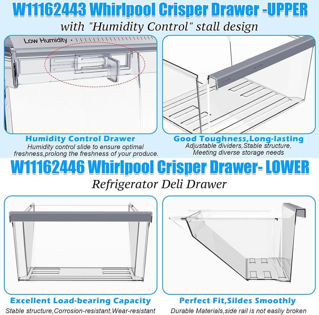 UPGRADED W11162443 Refrigerator Drawer & W11162446 Whirlpool Crisper Drawer Compatible with Whirlpool Fridge Drawer Replacement Parts WRS325SDHZ05 WRS315SDHM01 WRS555SIHZ03 Crisper Bins Drawer,2 Pack