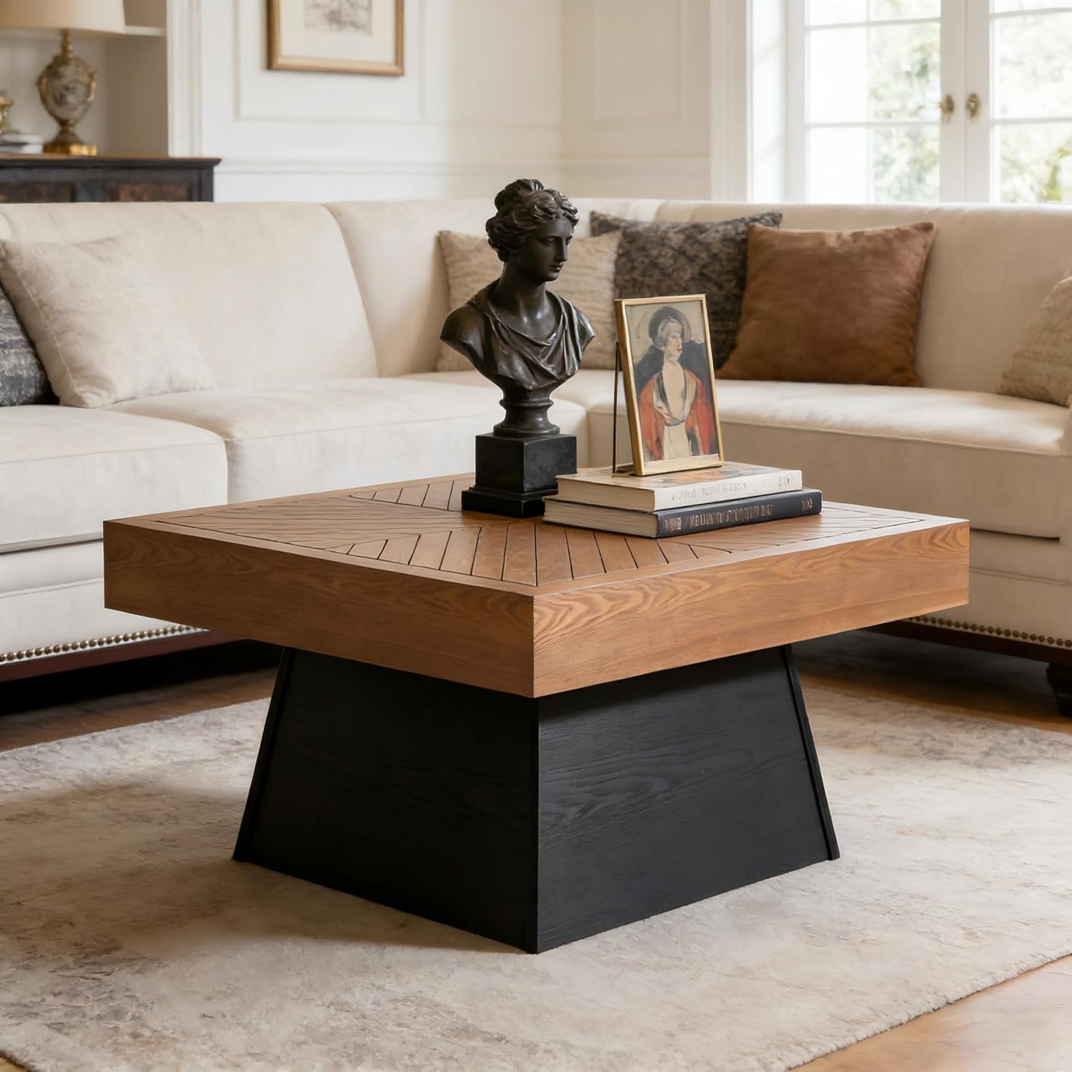 Merax Modern Square Coffee Table for Living Room,31.5 Inch Brown Wood Grain Top & Black Base, Mid-Century Farmhouse Style Center Accent Table,Brown