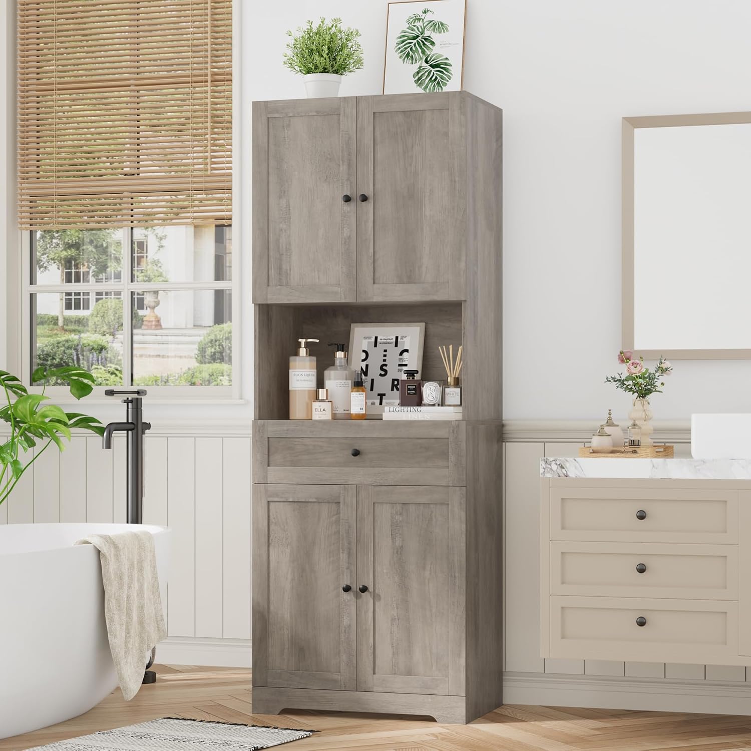 Tall Bathroom Storage Cabinets with Drawer, Farmhouse Linen Cabinet with Doors & Shelves, 67' Tall Storage Cabinet Freestanding for Bathroom, Dining Room, Kitchen, Pantry, Laundry, Narrow Corner,Brown