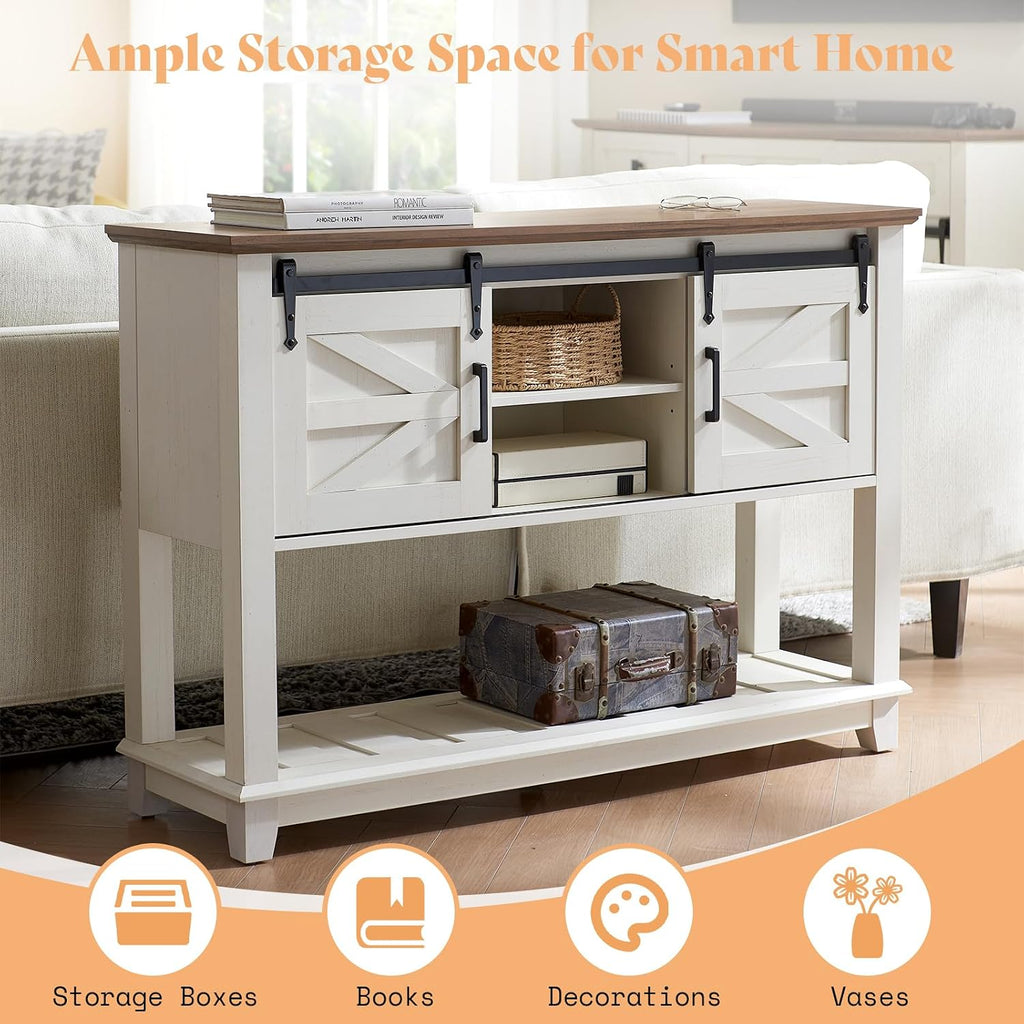 AMERLIFE Farmhouse 5-Piece Set,18' End Tables Set of 2 with Charging Station,TV Stand for 65'+ TV, Storage Coffee Table & 46'' Entryway Table,Sliding Barn Doors,Adjustable Shelves, Rustic White