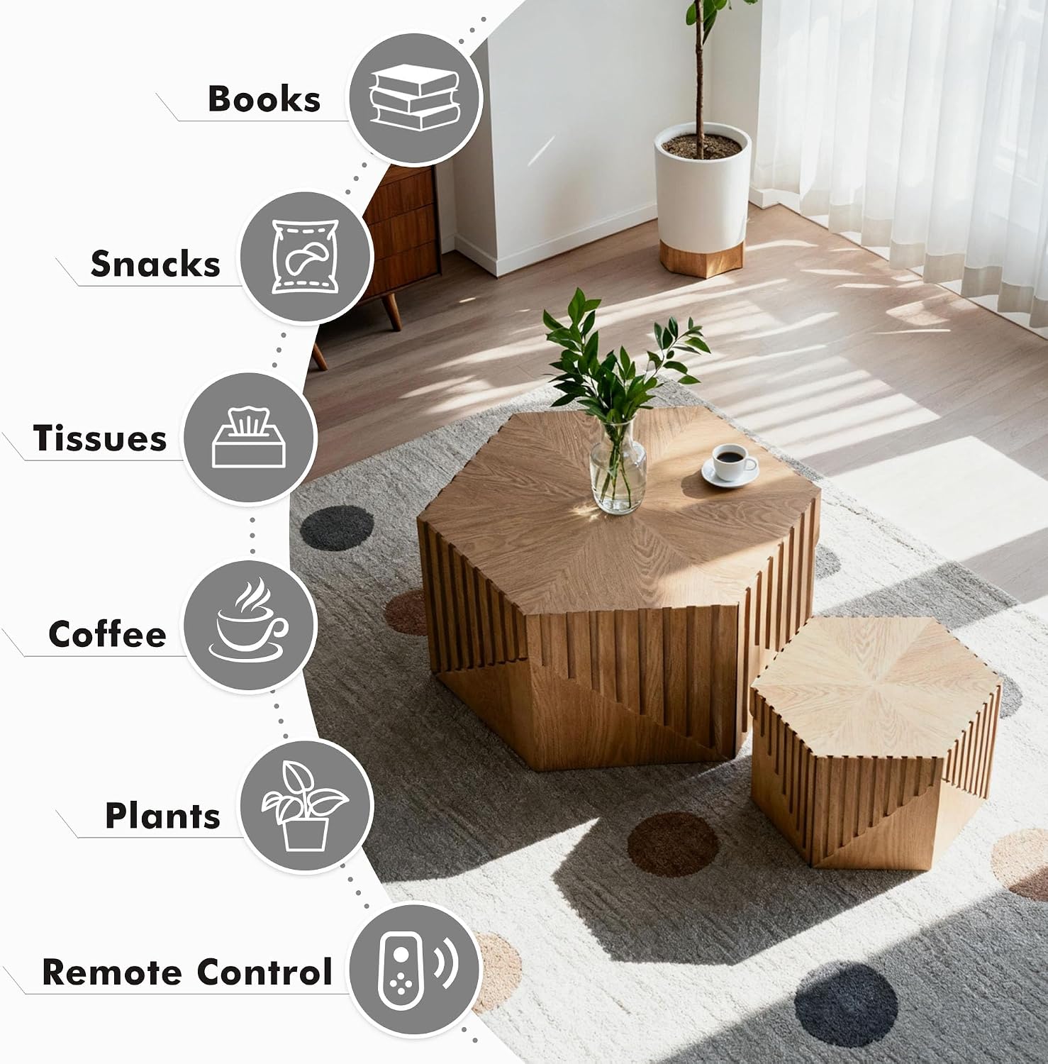Hexagonal Nesting Coffee Table Set of 2, Wooden Fluted Coffee Table for Living Room, Mid Century Modern Center Table Space-Saving Small End Side Table for Bedroom, Farmhouse, Apartment, Office